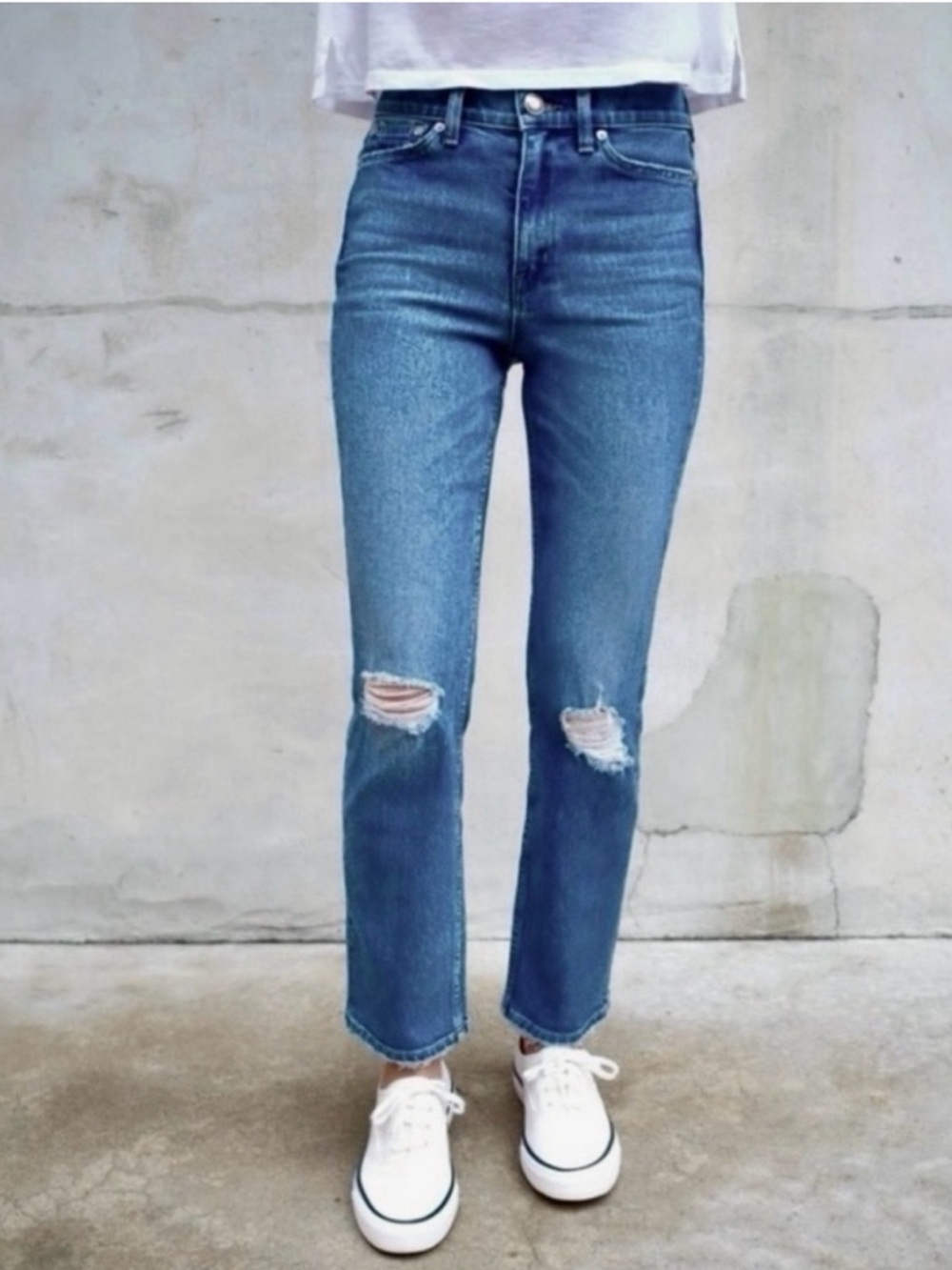 AYR Blue High-Rise Distressed Straight Jeans